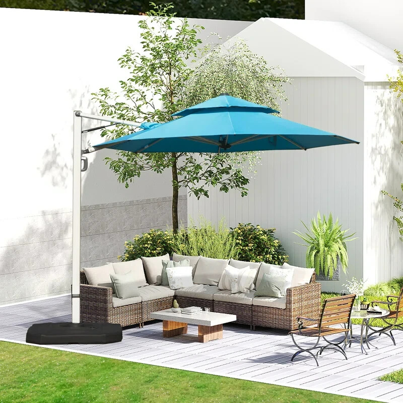 Domi 10FT Round Cantilever Umbrella with Center Pole for Deck Porch Lake Blue