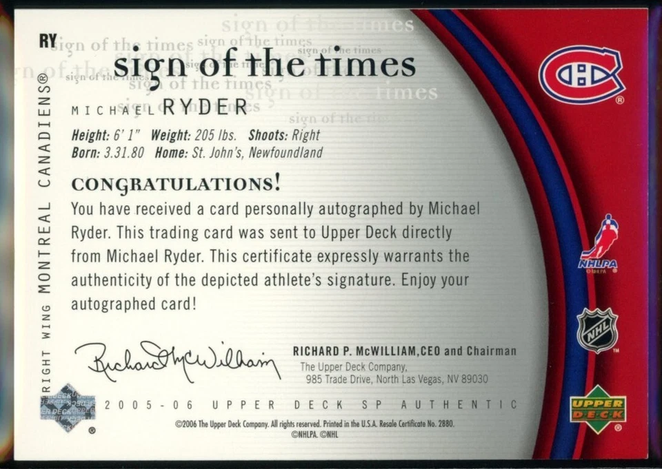 2005-06 SP Authentic Sign of the Times Michael Ryder #RY Auto Canadiens - Image 2 of 3