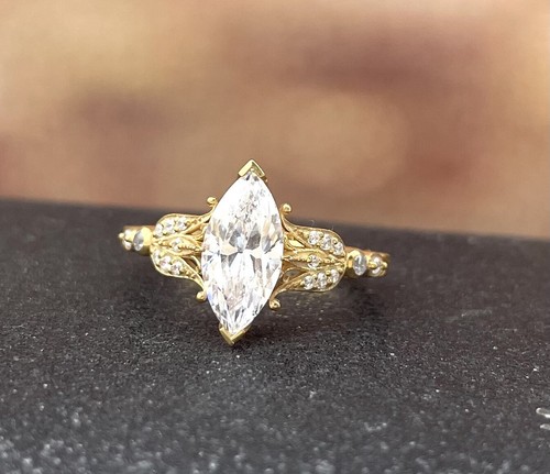 Art Nouveau 3Ct Marquise moissanite 14k Solid Yellow Gold Engagement Ring - Picture 8 of 8