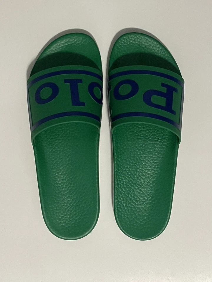 Nuevo Polo Ralph Lauren Cayson Logo Slide Verde/Azul Marino Para Hombres Talla 13 Deletreado RARO Foto 4 de 4
