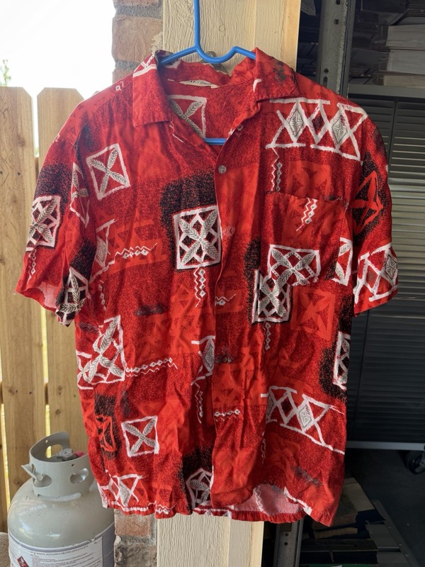 Vintage 1950s Hawaiian Aloha Shirt Red Rayon Tapa Loop Collar Hawaii - damaged