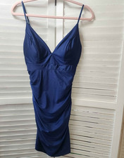 Windsor Blue Satin Ruched Spaghetti Strap V-Neck Sleeveless Dress Size S
