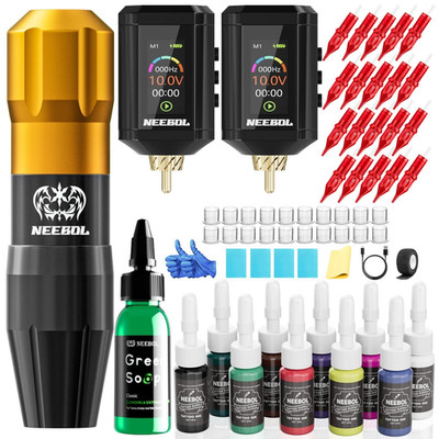 Neebol Wireless Tattoo Kit - Complete Set with 2 Color-Display Power Supplies,