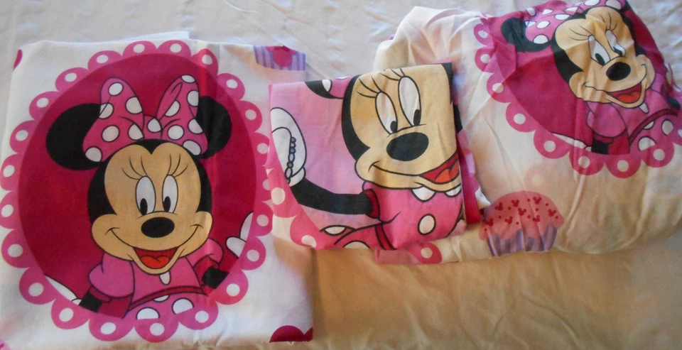 Juego de sábanas ajustables dobles vintage Disney Minnie Mouse funda de almohada sábana superior corazones 3p Foto 3 de 4