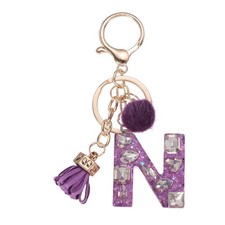 Initial Letter Keychain, Cute Alphabet Letter-N Charm with Tassel Ball, Purple