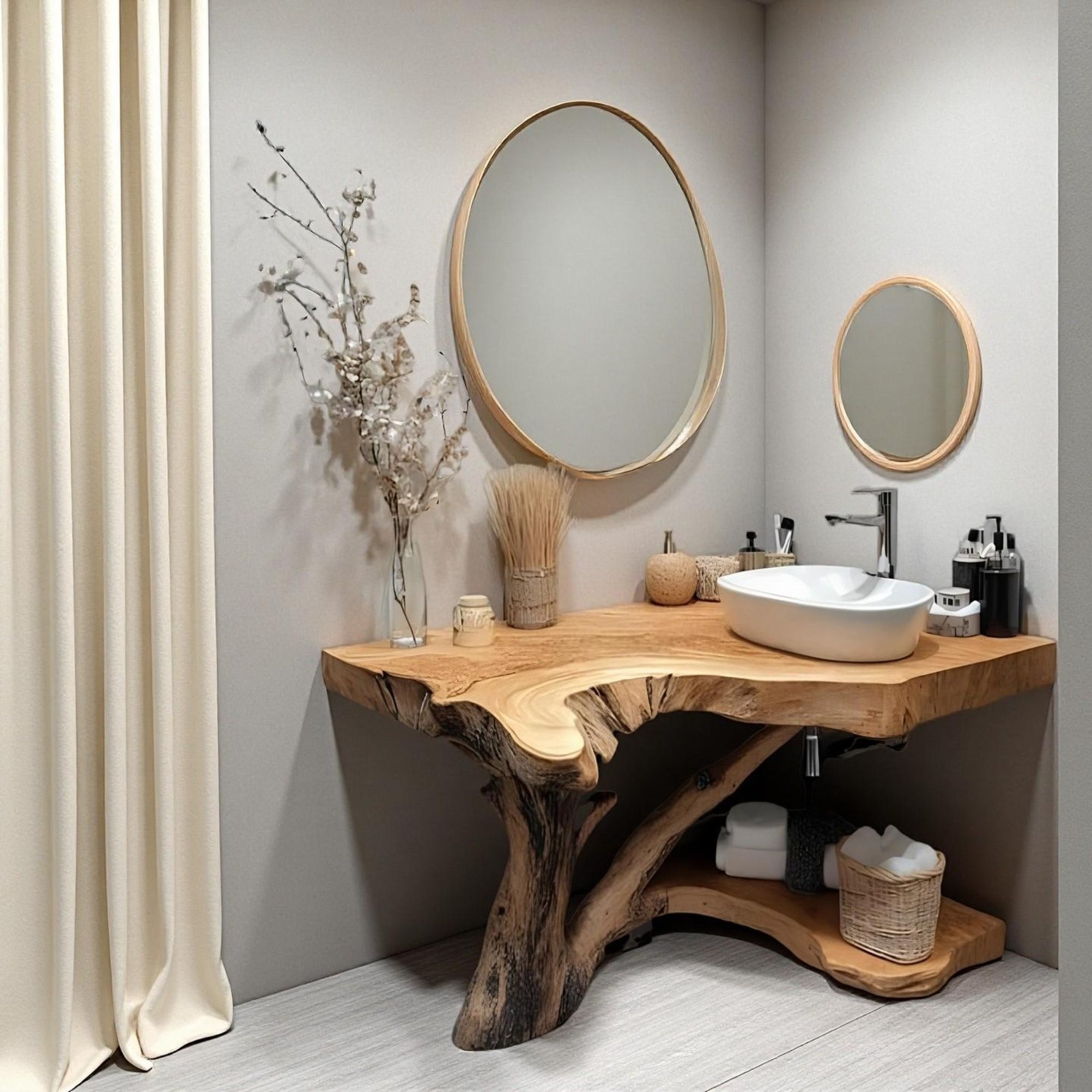 Natural Wood Corner Bathroom Vanity with Storage Handmade Rustic Live Edge Sink