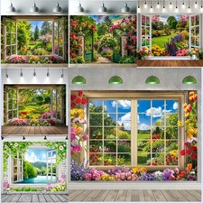 Flowers Spring Garden Window Photography Backdrop Birthday Background Banner