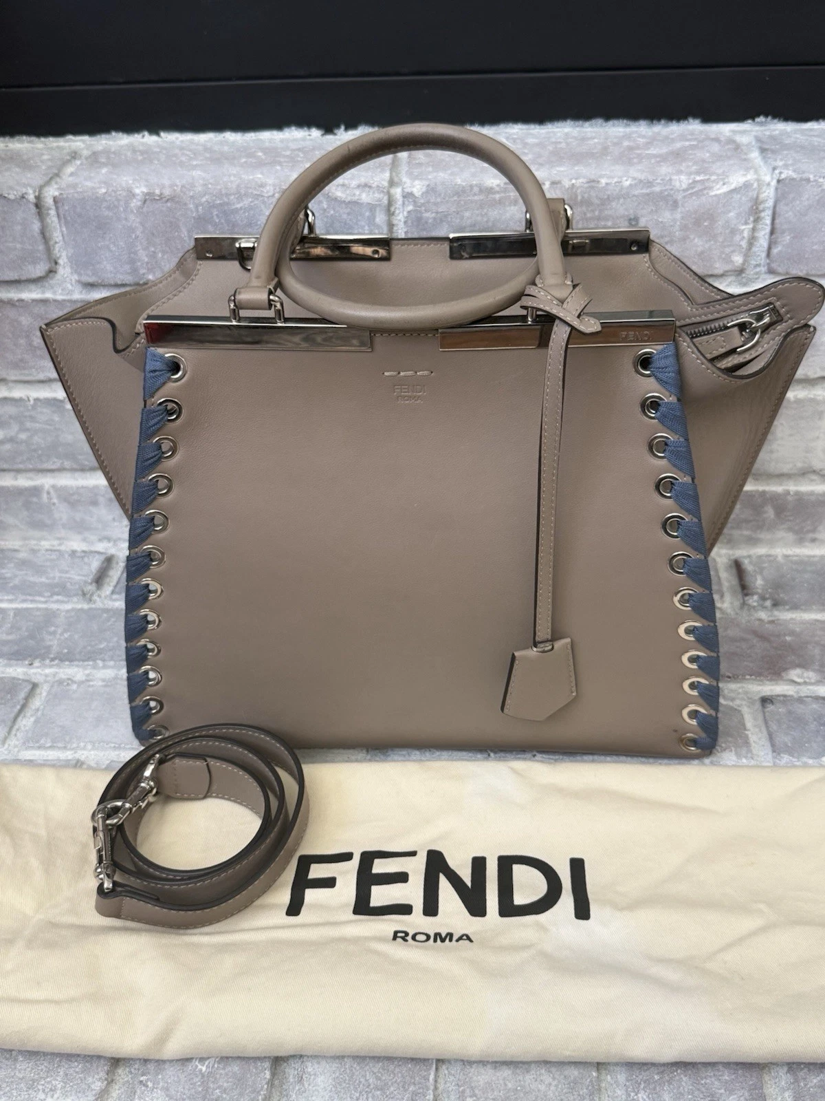Fendi — Fendi  Vitello Dolce Ribbon Lace Up Petite 3Jours Tote Tortora Ceruleo Peekaboo
