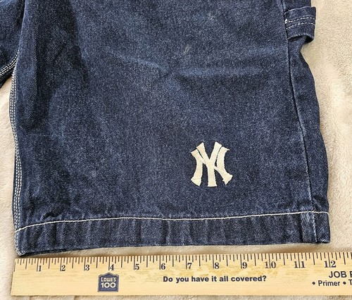 VTG Y2K Adidas Blue Denim Baggy Carpenter Shorts Size 38 NY YANKEES EMBROIDERED - Picture 18 of 19