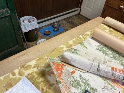 Antique Vintage Wallpaper Remnants- Colonial Pattern Houses & People&Others
