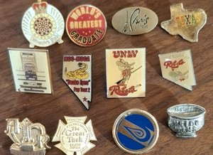 MIXED LOT 12 ENAMEL LAPEL PINS/PINBACKS UNLV REBELS, TEXAS, PARIS LAS VEGAS