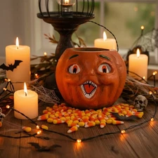 Primitive Halloween Fall Ragon House 7" Orange Jack O Lantern Choir Boy Bucket