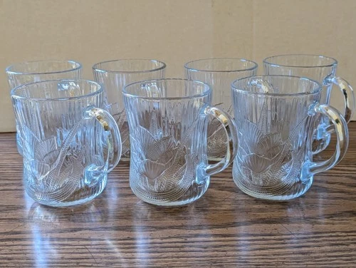 Vintage Set of 7 Clear Glass Coffee Mugs w/Floral Pattern