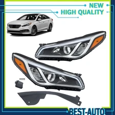 Replacement LH+RH Halogen Headlights Pair Fit For 2015-2017 Hyundai Sonata Black