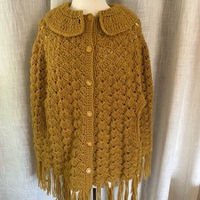 Vtg 70 s Crocheted Cape Gold Poncho 6 Button Front Arm Holes Fringe Boho Hippie