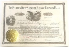 Antique 1930s The Peoples-First National Bank Stock Certificate Hoosick Falls NY