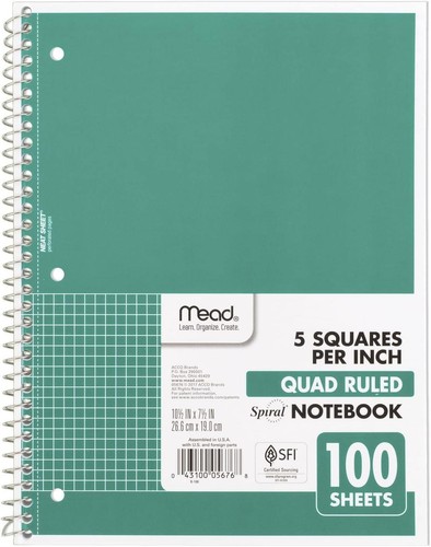 Mead Spiral Notebook, 1-subject, Graph Ruled Paper, 7-1/2" X 10-1/2", 100 Sheets