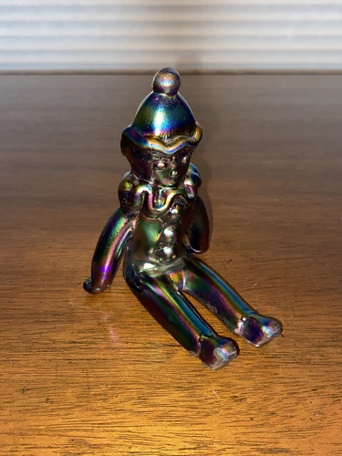 VTG FENTON Iridescent Carnival Glass Seated Clown Figurine W/LABEL 4.5"H
