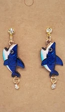 Blue dangle tiger shark earrings with Double CZ Gemstone & gold tone stud