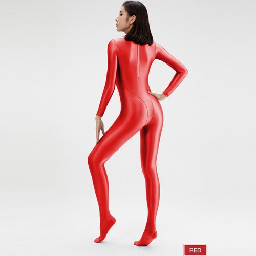 AMORESY Women's Smooth Glossy Jumpsuits Long Sleeve Yoga Zipper Fitness Catsuits - Picture 11 of 50