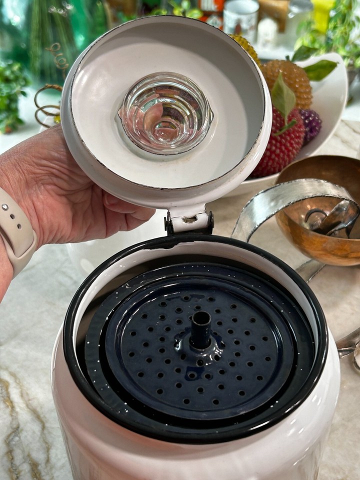 Vintage Metal Enamel Cowboy Coffee Pot Percolator White Black Trim