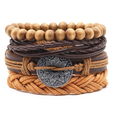 Casual Weave Multilayer Black Brown Leather Words Men Bracelet - 4 Pcs/Set