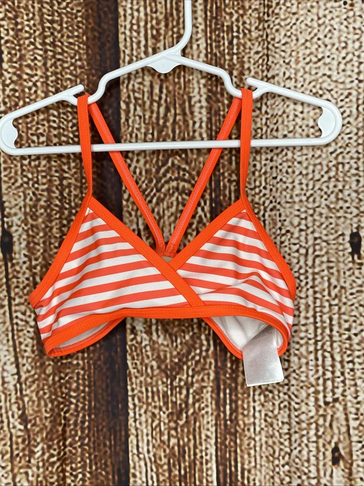 Antiguo conjunto de natación de bikini de 2 piezas azul marino para niños niñas talla pequeña (6-7) naranja a rayas Foto 2 de 4
