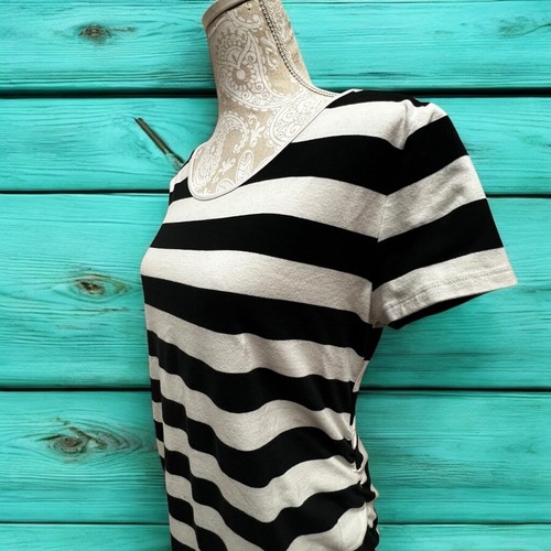 Isabel Maternity Black & White Striped Midi Dress XL Ruched Stretchy Casual - Picture 3 of 12