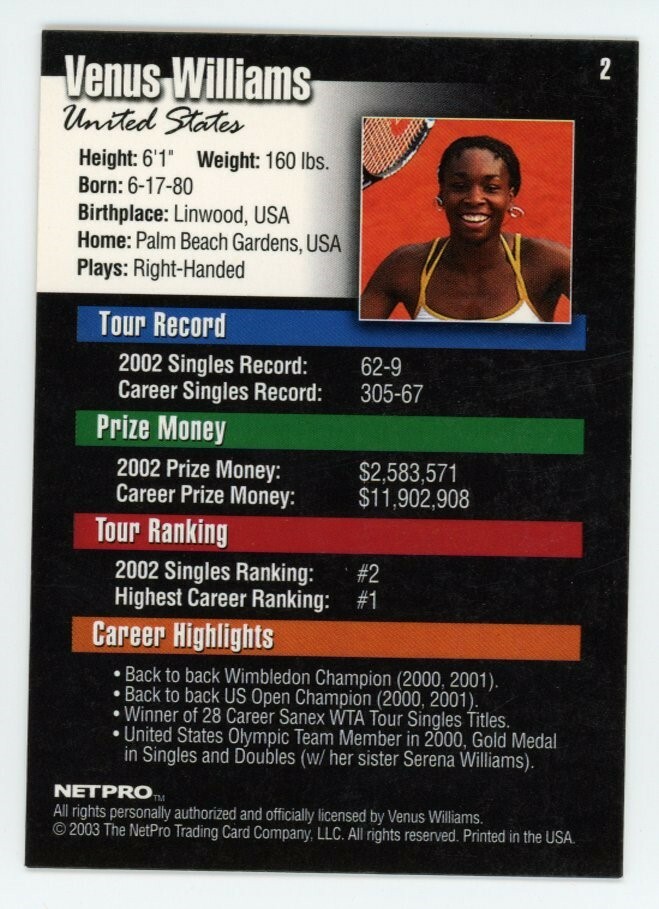2003 Netpro #2 VENUS WILLIAMS USA ROOKIE RC Rare TENNIS