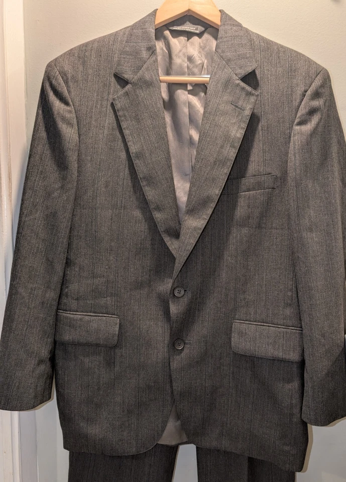 Vtg John Alexander 44R 33x29 Charcoal Stripe USA Wool Mens Jacket Pants Suit - Image 2 of 4