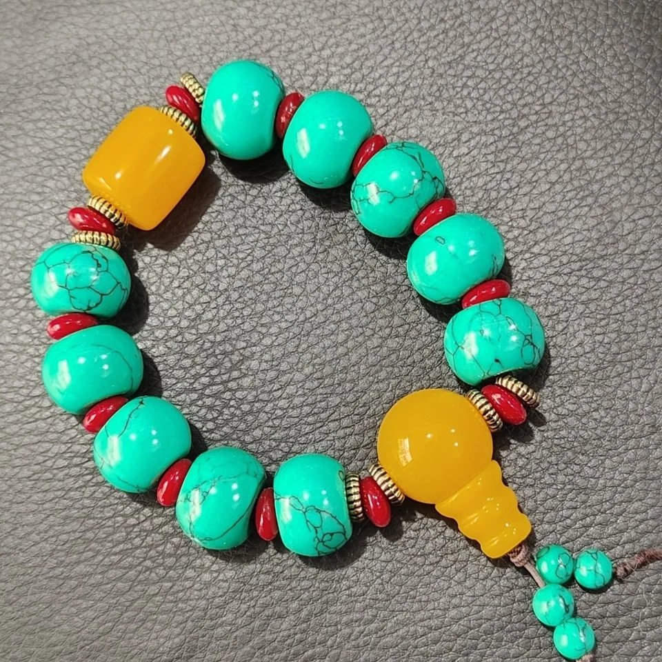 Pulsera de cuentas de malaquita turquesa estilo tibetano joyería de oración budista unisex Foto 4 de 4