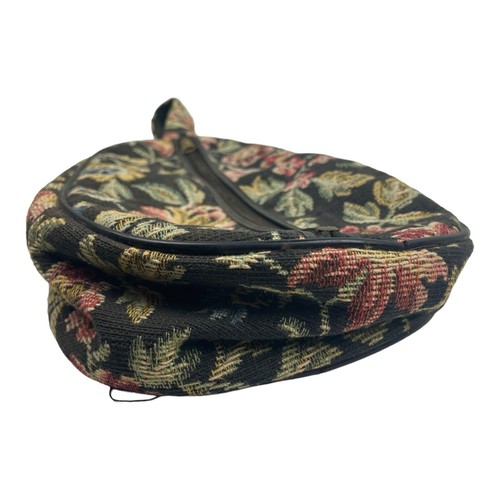 VTG Long Oval Shaped Travel Luggage Toiletry Bag Tapestry Carpet Black Floral - Picture 3 of 6