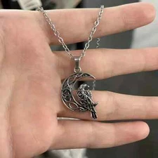 Raven On The Moon Wiccan Pendant Necklace