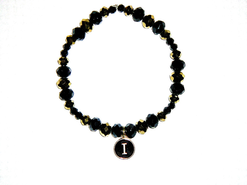 INITIAL "I" CHARM (BLACK) BEADED BRACELET (7 7/8"):  HAND-MADE JEWELRY BY T.L.C.