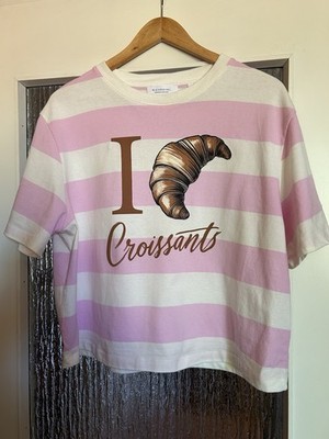 Rich & Royal Streifen-Shirt weiß-rosé mit Croissant-Motiv, einmal getragen Gr L