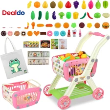 Kids Shopping Cart - 2 in 1 Toy Shopping Cart with Play Food Fruit Vegetable Des
