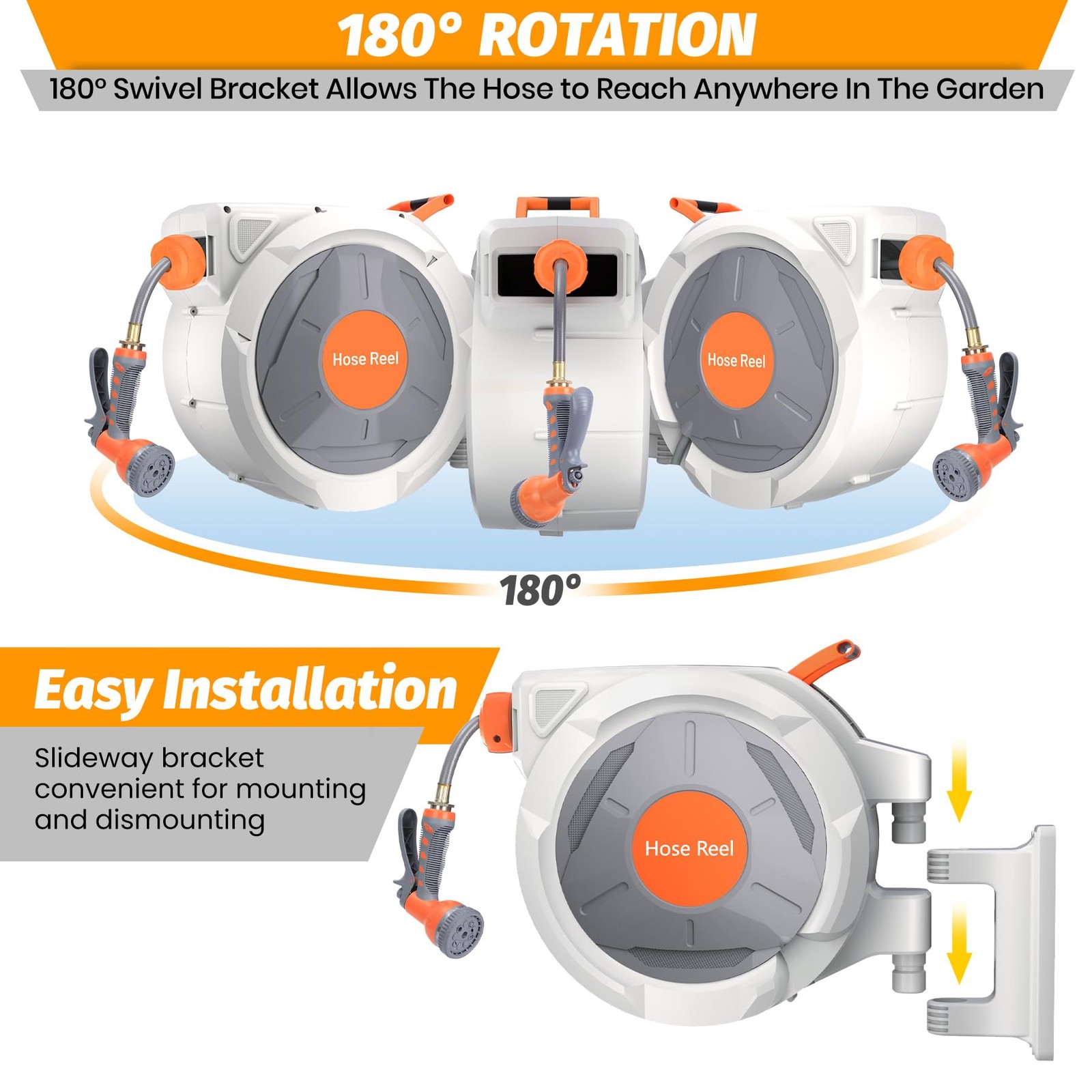Retractable Garden Water Hose Reel Wall Mounted 5/8" x 100 ft Automatic Rewind