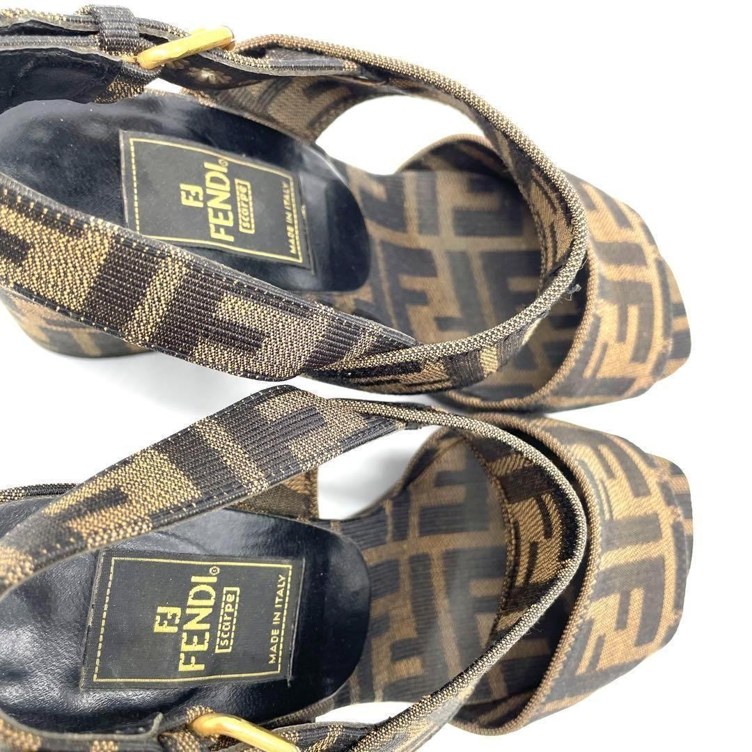 FENDI Heel Sandal Zucca 35 1/2 フェンディ Fendi Zucca Wedge Heel Sandals Brown Canvas Leather EU35 US5