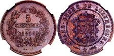 COIN Luxembourg 5 Centimes 1854 NGC MS62 BN KM# 22.1 Bronze Willem III UNC