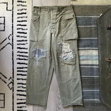 Vintage WWII HBT Fatigue Cargo Pants 40s 1940s Repaired Distressed 34x33 (32x28)