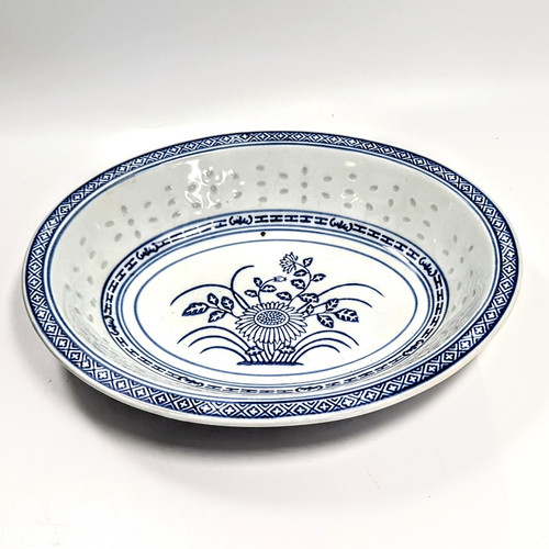 Tienshan Rice Grain Flower Large Blue & White Oval Vintage Serving Bowl 10.5"