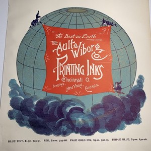 RARE Ault Wiborg Litho Printing INK Poster Sign Original Art Elves On Globe