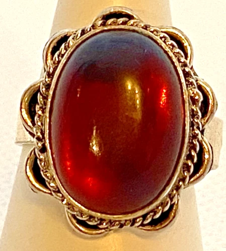 VINTAGE ST.SILVER 925 RED CABOCHON DRESS RING SIZE S [EXPANDABLE] 8.5g NOT SCRAP