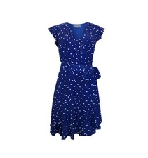 Sosandar Navy White Spot Wrap Dress Ruffle Hem Ruffle Sleeve Wedding Size UK 8.
