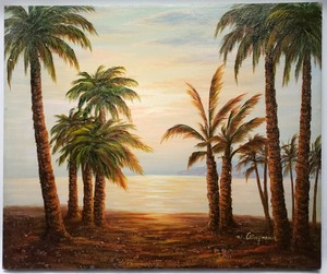 BEAUTIFUL-WILLIAM-CHAPMAN-HAWAIIAN-OIL-ON-CANVAS-PAINTING-BEACH-SCENE-PALM-TREES