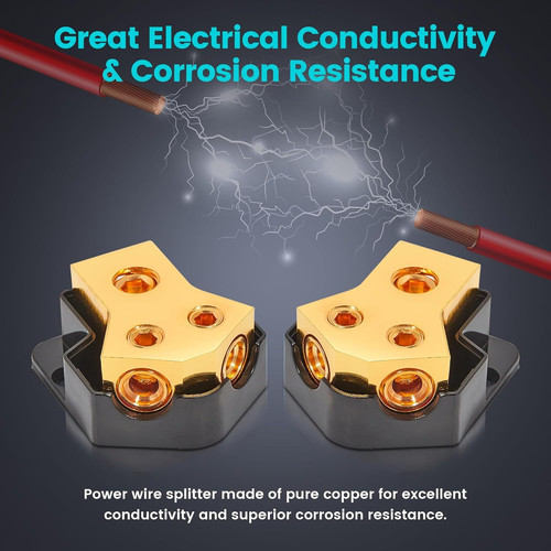 NuIth 2 Way Copper Power Distribution Block, 0/2/4 Gauge in 4/8 golden 