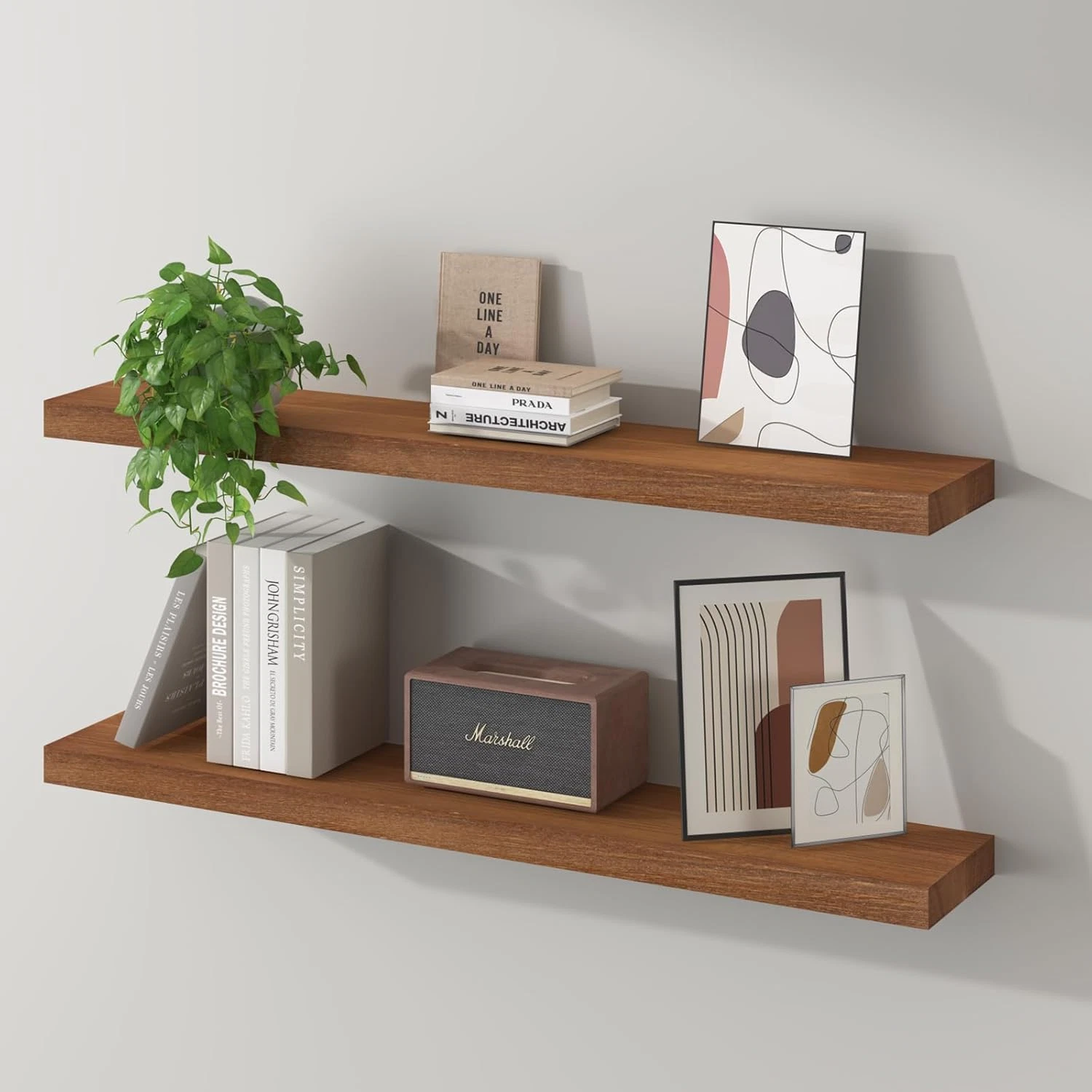 Walnut Floating Wall Shelves Set of 2 - 36" Solid Wood for Bedroom & Bathroom