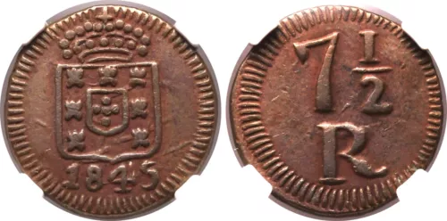 Portuguese India GOA 7.5 Reis 1845 NGC Graded AU 53 BN Rare !