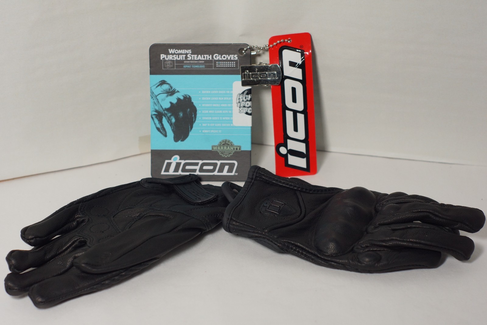 BRAND Women&#039;s ICON Stealth Black Leather Motorcycle Gloves Sz Large |