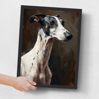 Greyhound Dog Wall Art Oil Style Dog Portrait Black And White